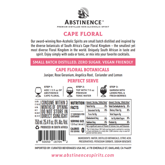 Abstinence Spirits 'Cape Floral' Non-Alcoholic Spirit, South Africa
