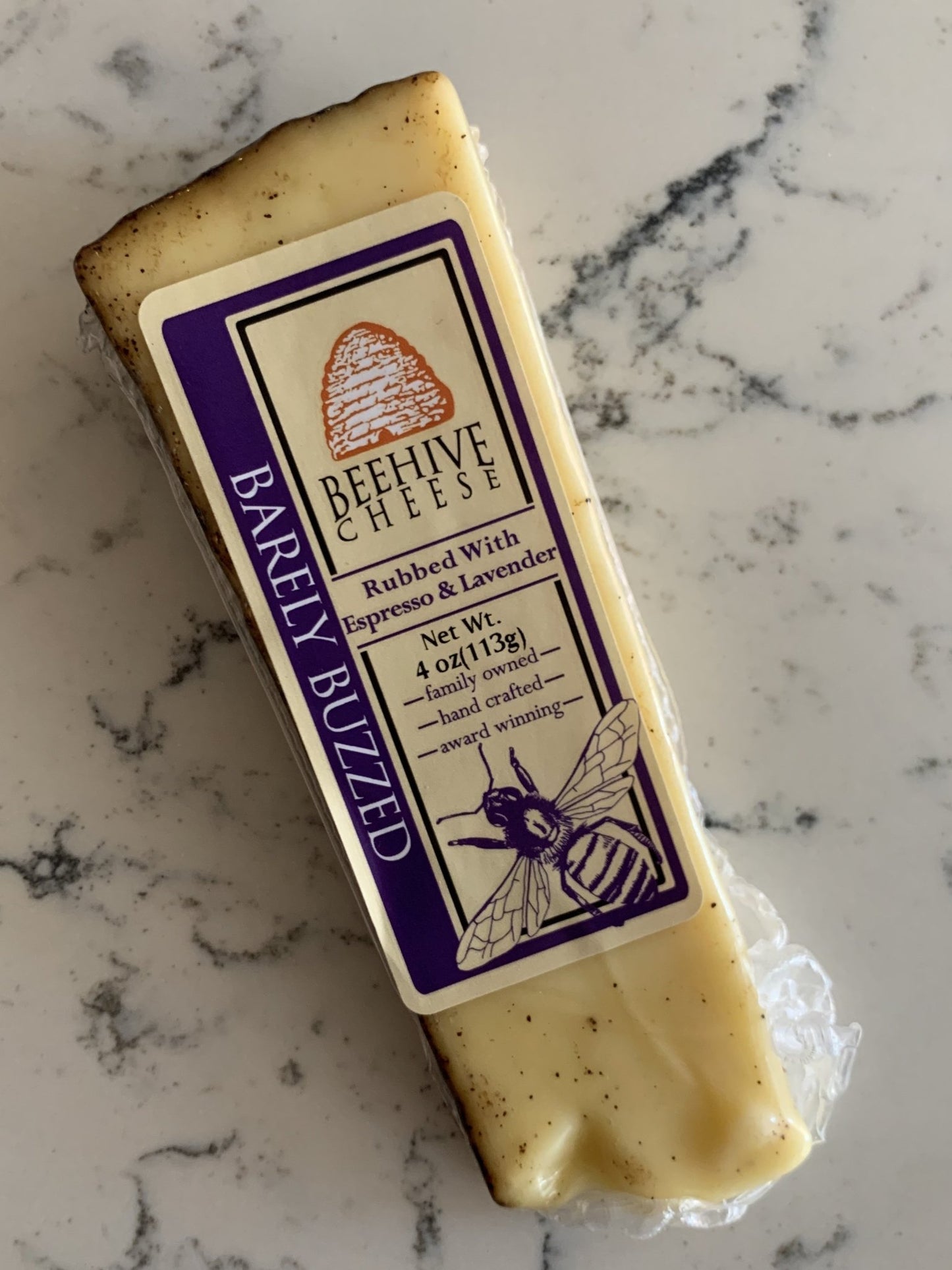 Beehive Cheese "Barely Buzzed" Cheddar rubbed with Espresso and Lavender, Utah (4oz) - DECANTsf